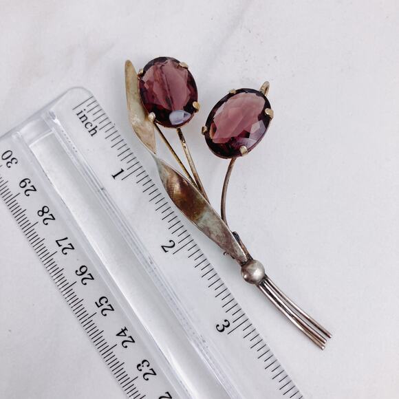 VTG 20s-30s Sterling Silver Floral Brooch Purple Glass Stones Nouveau Influence - Picture 6 of 8